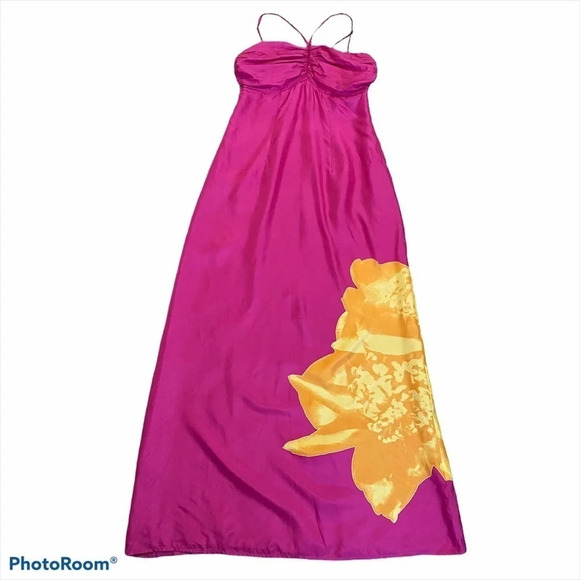 Express Y2K 90’ 100% Silk Pink Maxi Dress w/ flower detail - Picture 15 of 17